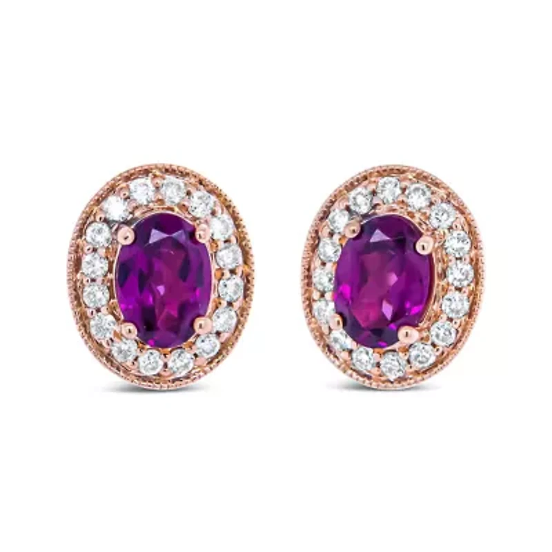 14K Rose Gold Garnet and 3/8 Cttw Diamond Halo Stud Earrings