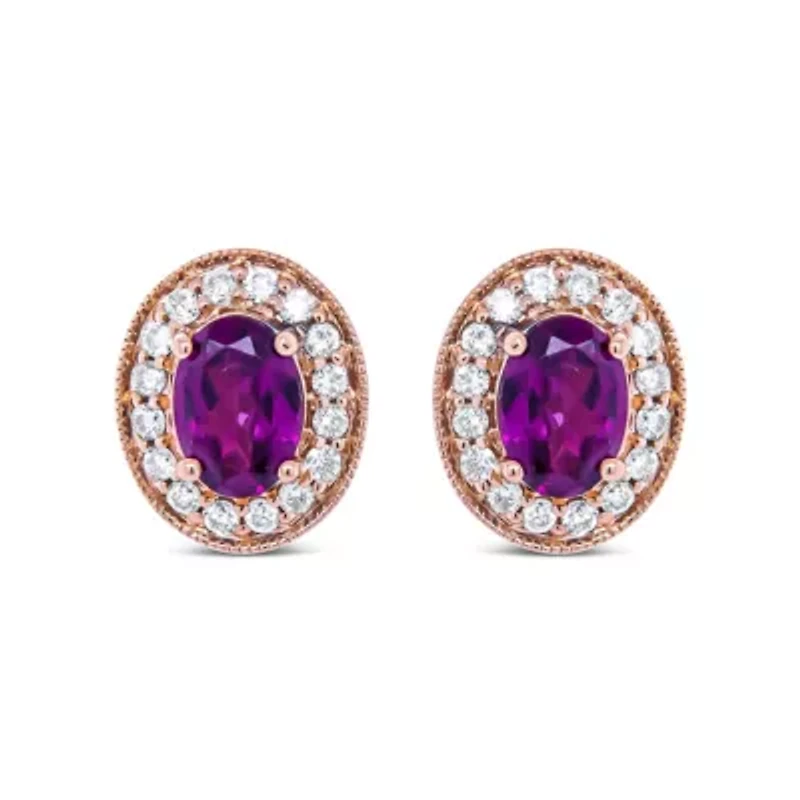 14K Rose Gold Garnet and 3/8 Cttw Diamond Halo Stud Earrings