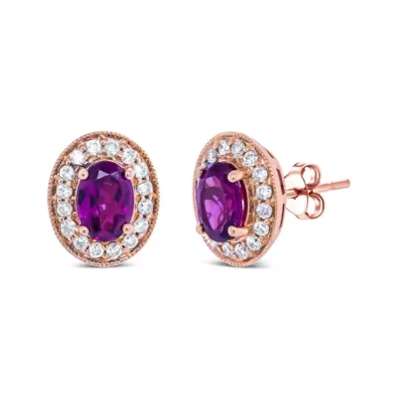 14K Rose Gold Garnet and 3/8 Cttw Diamond Halo Stud Earrings