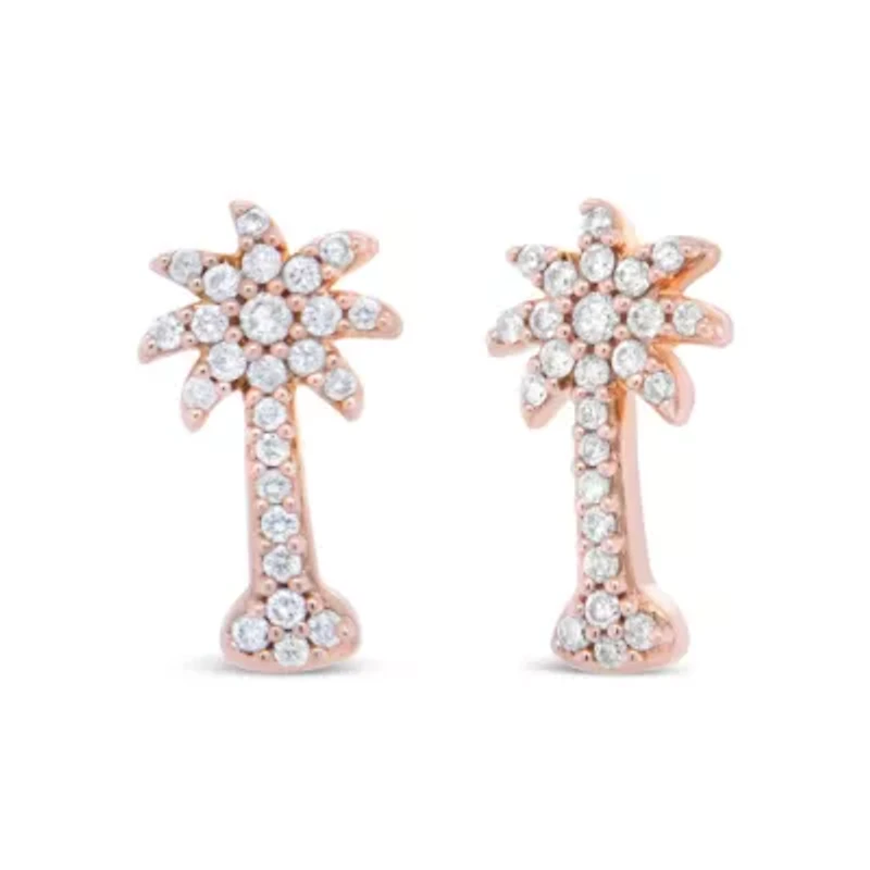 10K Rose Gold 1/4 Ct Diamond Palm Tree Stud Earrings