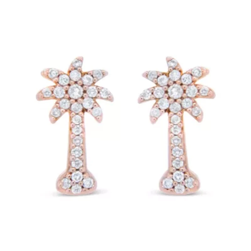 10K Rose Gold 1/4 Ct Diamond Palm Tree Stud Earrings