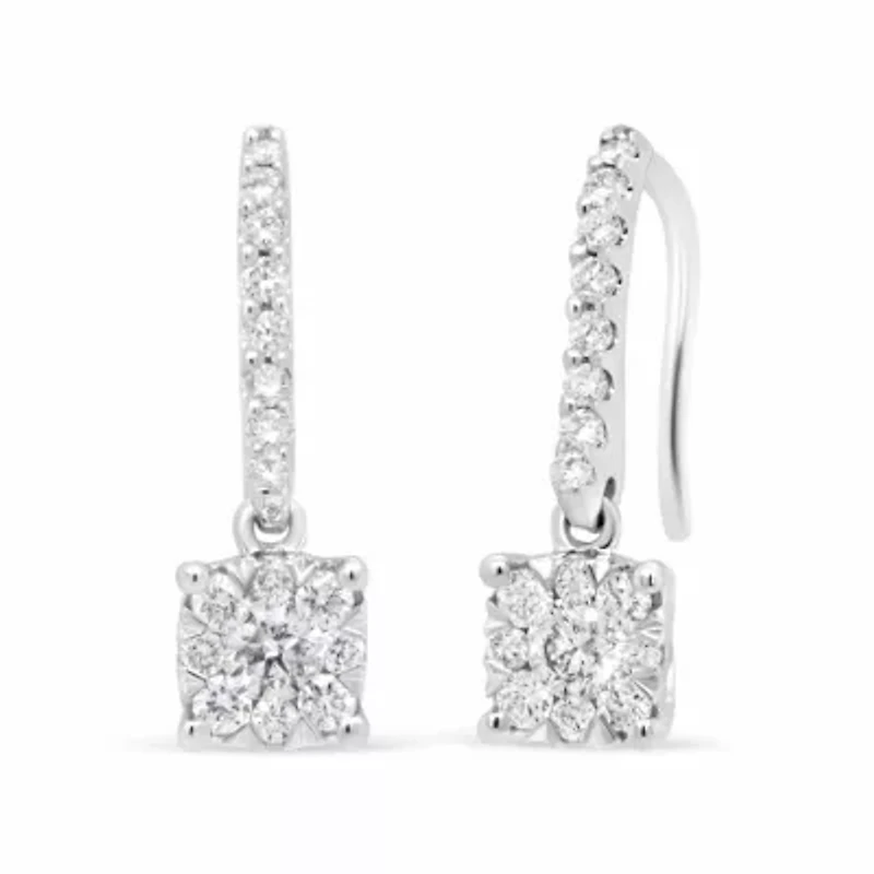 14K White 1/2 Cttw Round Diamond Halo Dangle Hook Earring -