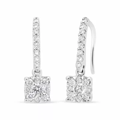 14K White 1/2 Cttw Round Diamond Halo Dangle Hook Earring -