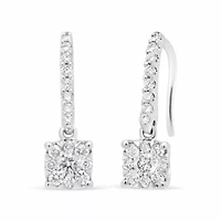 14K White 1/2 Cttw Round Diamond Halo Dangle Hook Earring -