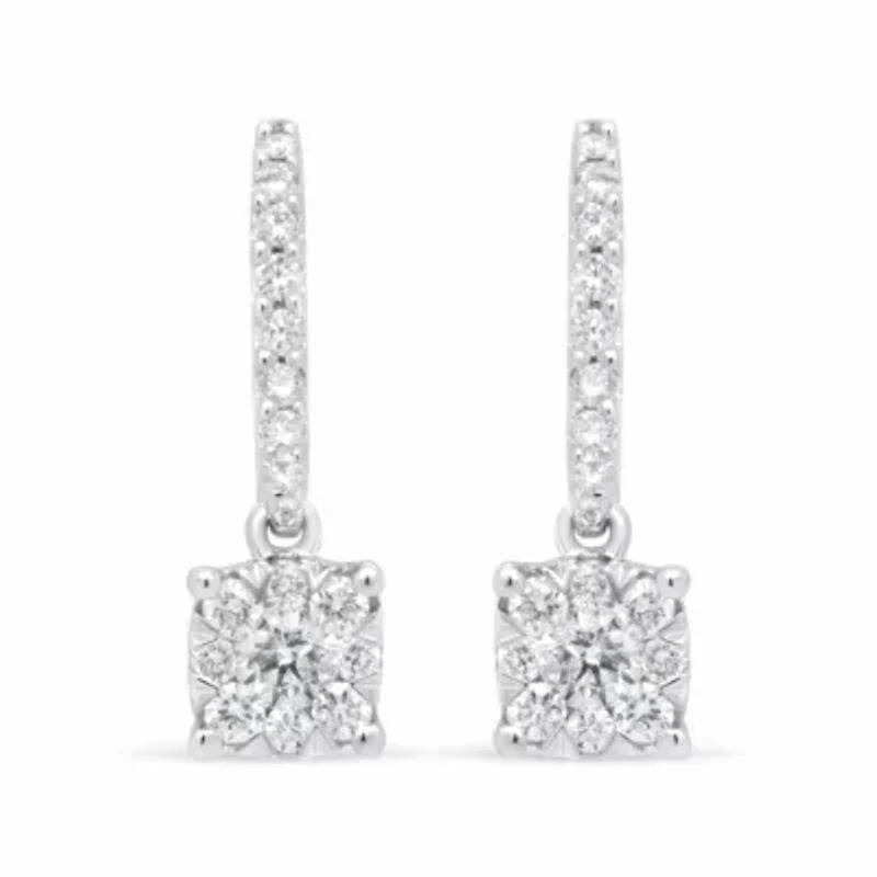 14K White 1/2 Cttw Round Diamond Halo Dangle Hook Earring -