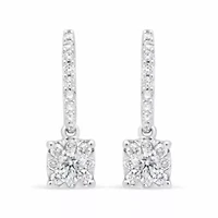 14K White 1/2 Cttw Round Diamond Halo Dangle Hook Earring -