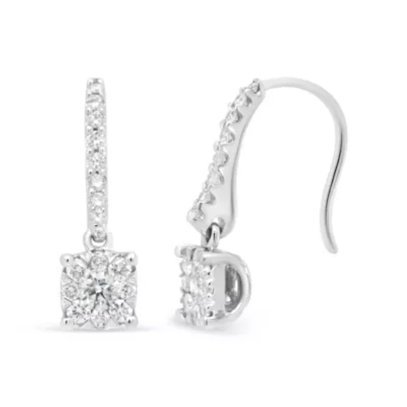 14K White 1/2 Cttw Round Diamond Halo Dangle Hook Earring -