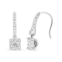14K White 1/2 Cttw Round Diamond Halo Dangle Hook Earring -