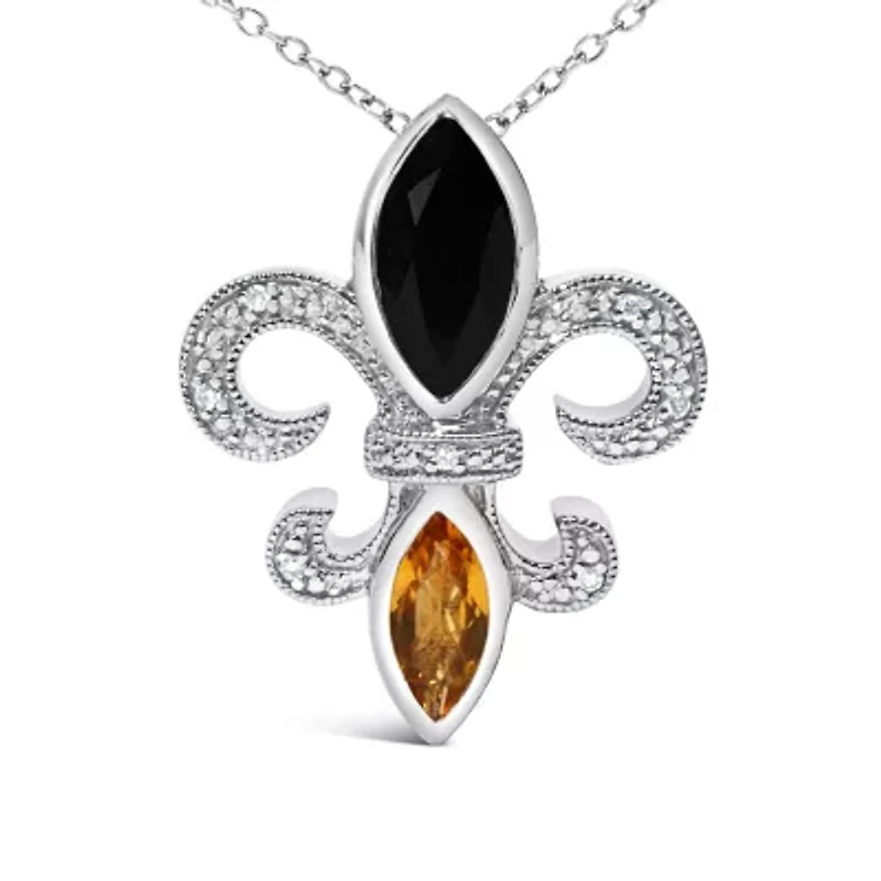 Silver Marquise Onyx and Citrine and Diamond Accent Fleur De Lis Pendant Necklace -