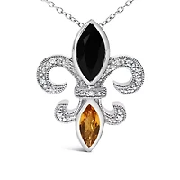 Silver Marquise Onyx and Citrine and Diamond Accent Fleur De Lis Pendant Necklace -
