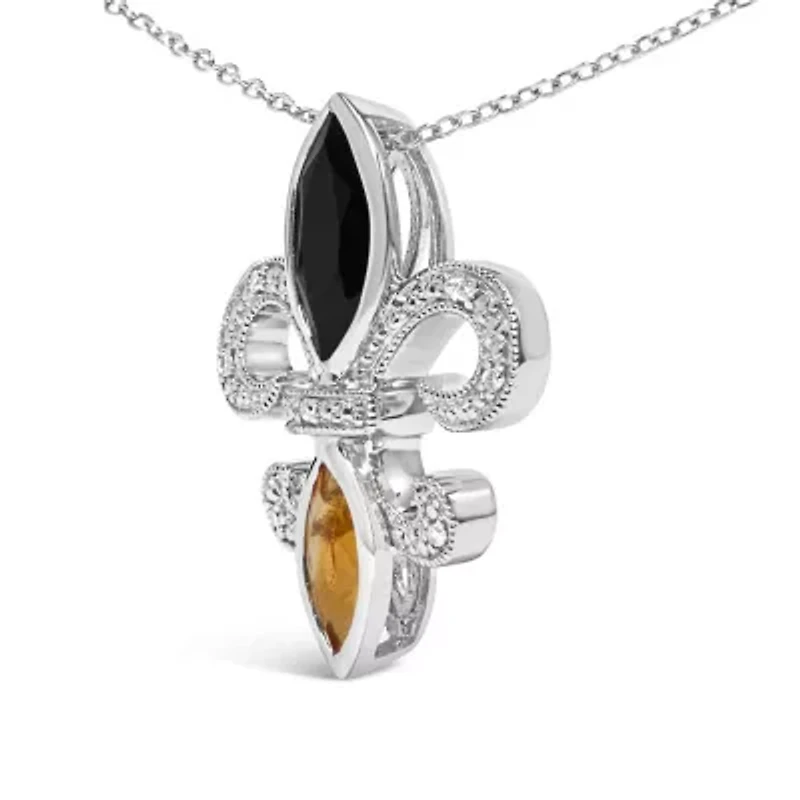 Silver Marquise Onyx and Citrine and Diamond Accent Fleur De Lis Pendant Necklace -