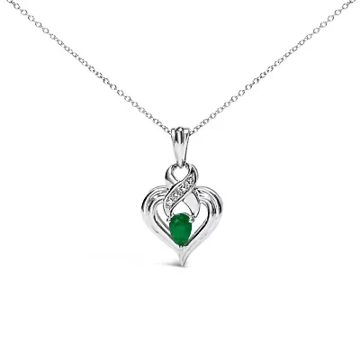 Silver 6x4mm Pear Emerald and Diamond Accent Heart Pendant Necklace - 18 Inches