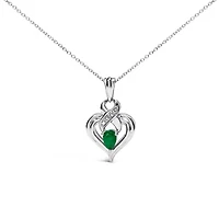 Silver 6x4mm Pear Emerald and Diamond Accent Heart Pendant Necklace - 18 Inches