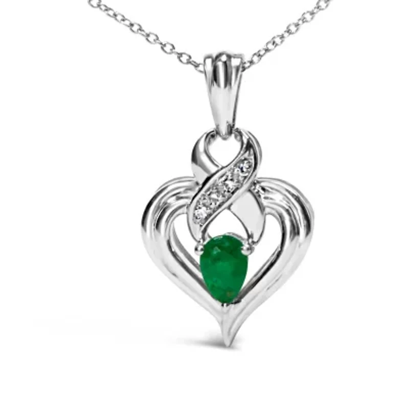 Silver 6x4mm Pear Emerald and Diamond Accent Heart Pendant Necklace - 18 Inches