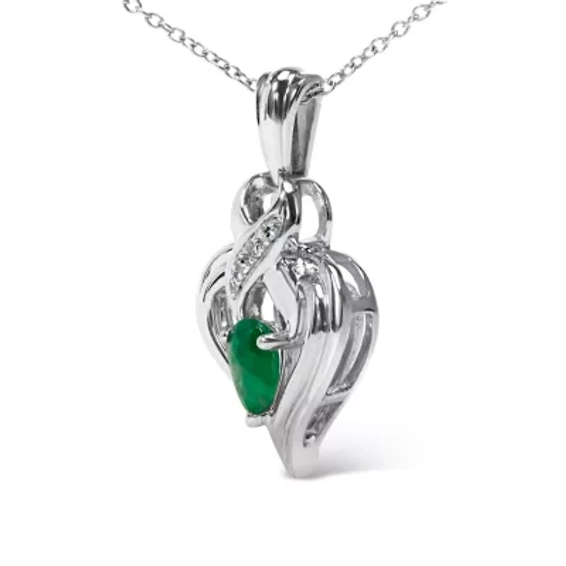Silver 6x4mm Pear Emerald and Diamond Accent Heart Pendant Necklace - 18 Inches