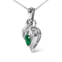 Silver 6x4mm Pear Emerald and Diamond Accent Heart Pendant Necklace - 18 Inches
