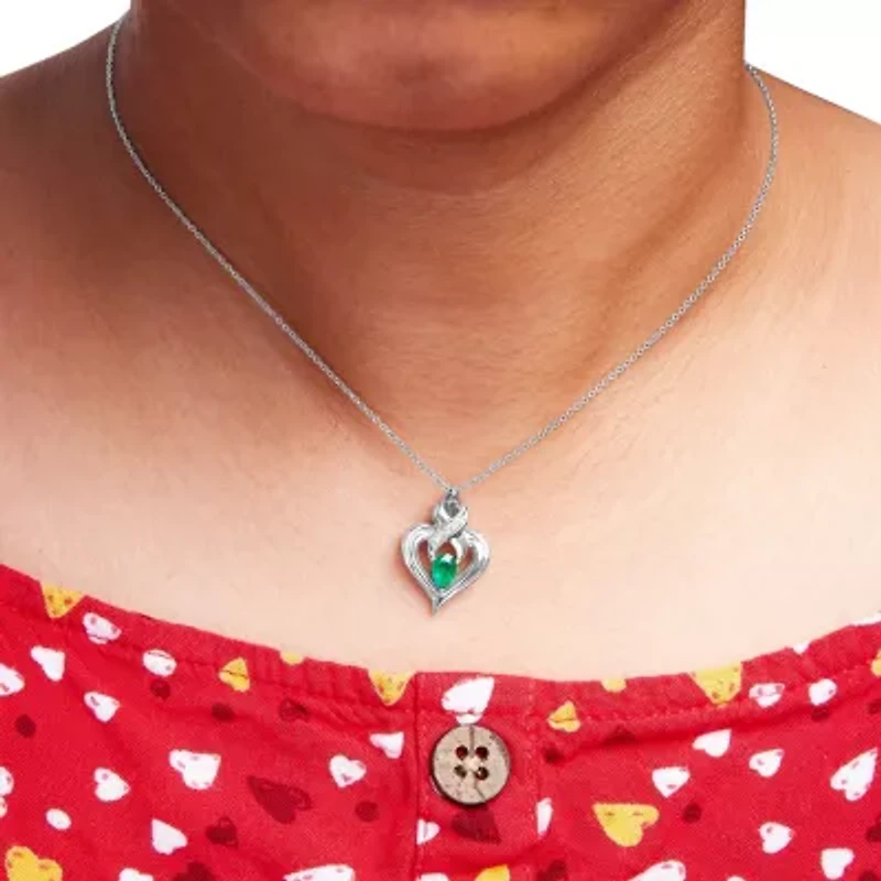 Silver 6x4mm Pear Emerald and Diamond Accent Heart Pendant Necklace - 18 Inches