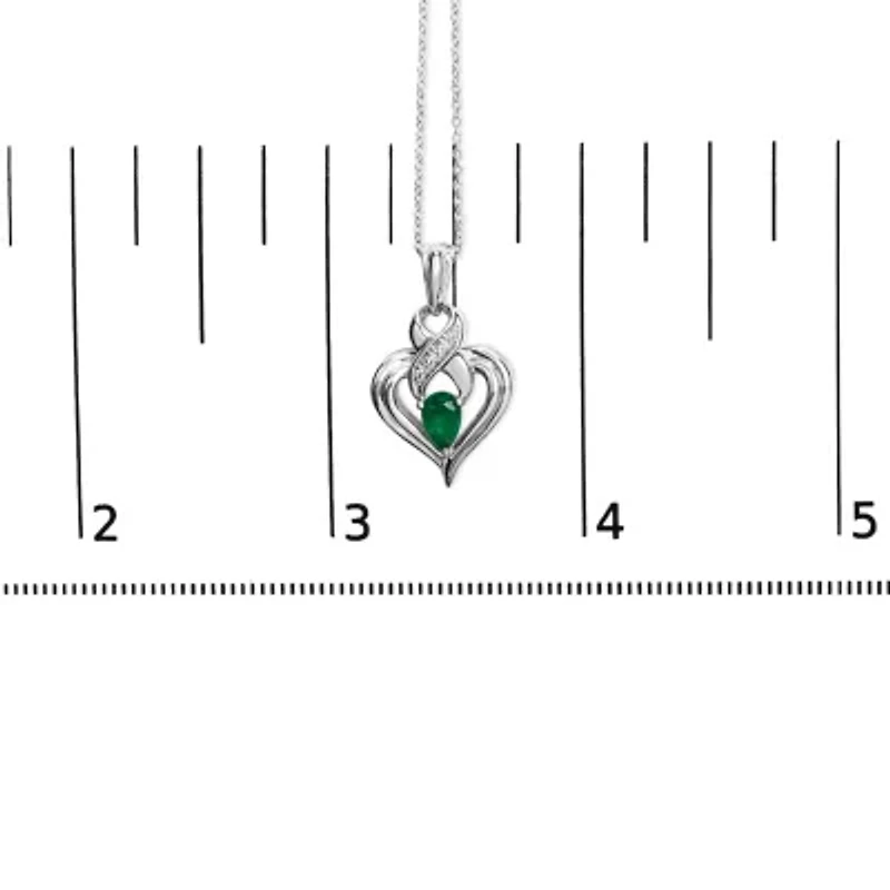 Silver 6x4mm Pear Emerald and Diamond Accent Heart Pendant Necklace - 18 Inches