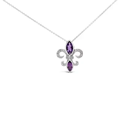 Silver Purple Amethyst Marquise and Diamond Accent Fleur De Lis Pendant Necklace