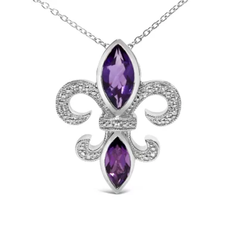 Silver Purple Amethyst Marquise and Diamond Accent Fleur De Lis Pendant Necklace