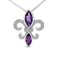Silver Purple Amethyst Marquise and Diamond Accent Fleur De Lis Pendant Necklace