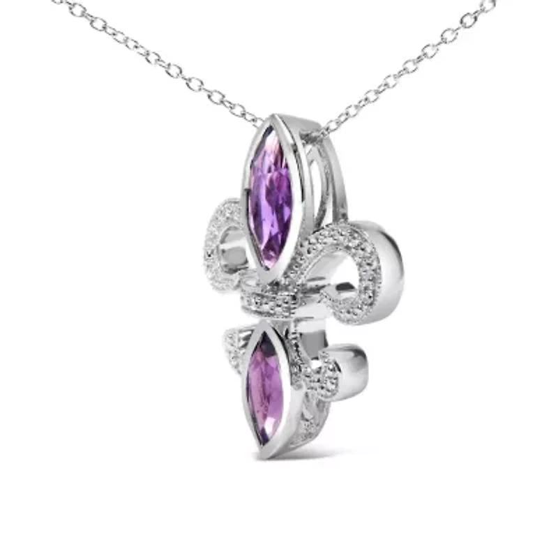 Silver Purple Amethyst Marquise and Diamond Accent Fleur De Lis Pendant Necklace