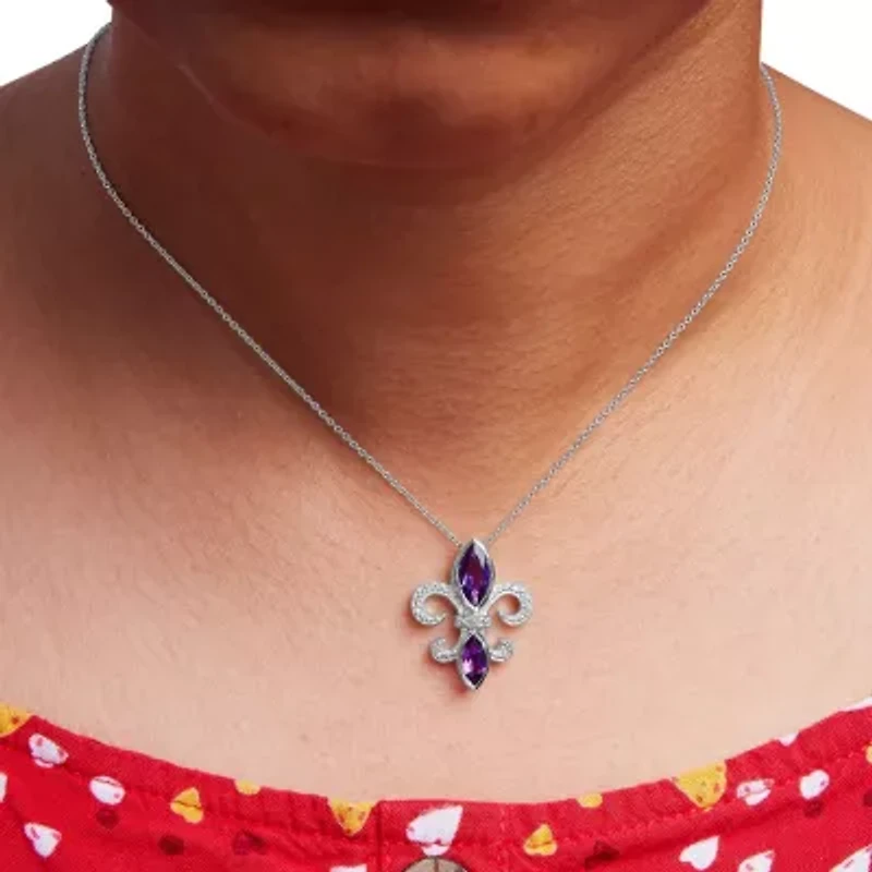 Silver Purple Amethyst Marquise and Diamond Accent Fleur De Lis Pendant Necklace
