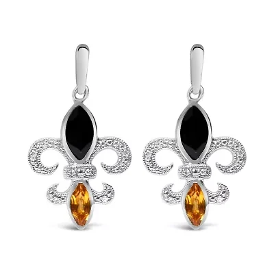 Silver Marquise Onyx and Citrine Diamond Accent Fleur De Lis Drop Stud Earrings