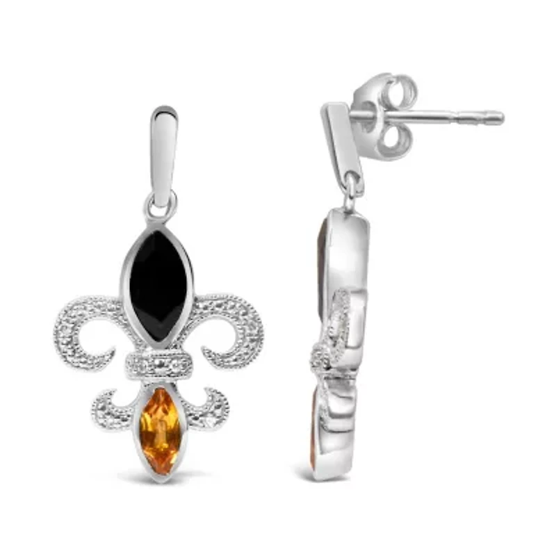 Silver Marquise Onyx and Citrine Diamond Accent Fleur De Lis Drop Stud Earrings