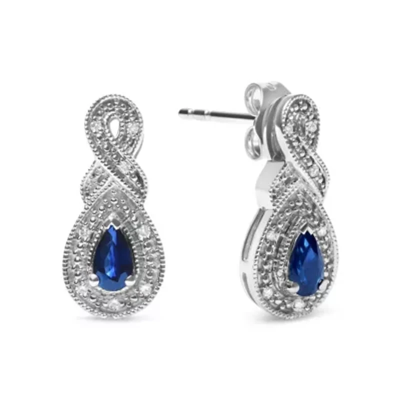 Silver 4.5 x 3mm Pear Sapphire and Diamond Accent Infinity Drop Stud Earrings