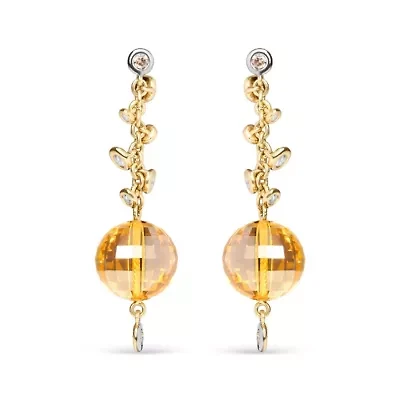 18K Gold 2/3 Cttw Diamond & Ball Shaped Citrine Gemstone Dangle Stud Earring