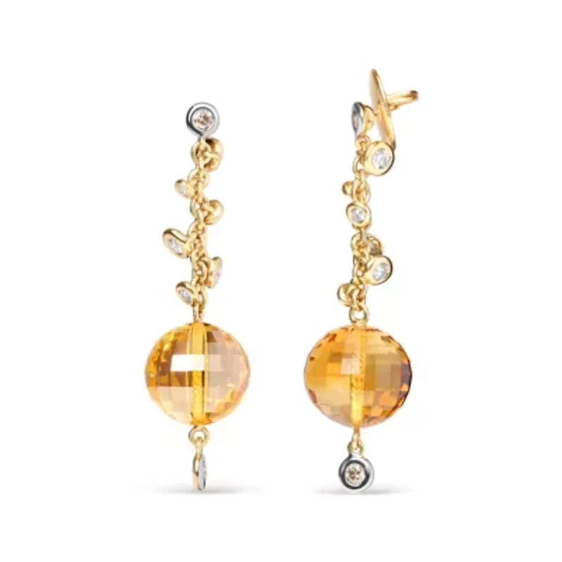 18K Gold 2/3 Cttw Diamond & Ball Shaped Citrine Gemstone Dangle Stud Earring