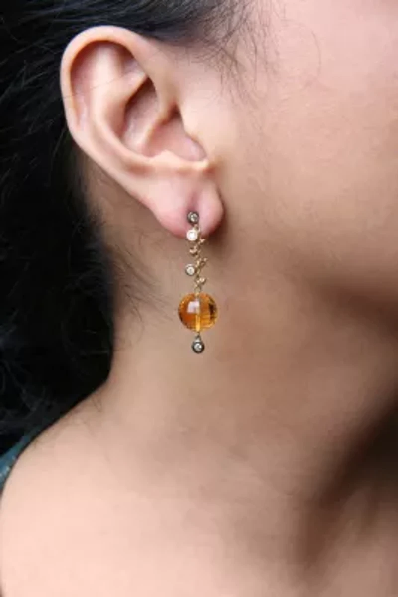 18K Gold 2/3 Cttw Diamond & Ball Shaped Citrine Gemstone Dangle Stud Earring