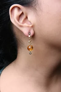 18K Gold 2/3 Cttw Diamond & Ball Shaped Citrine Gemstone Dangle Stud Earring