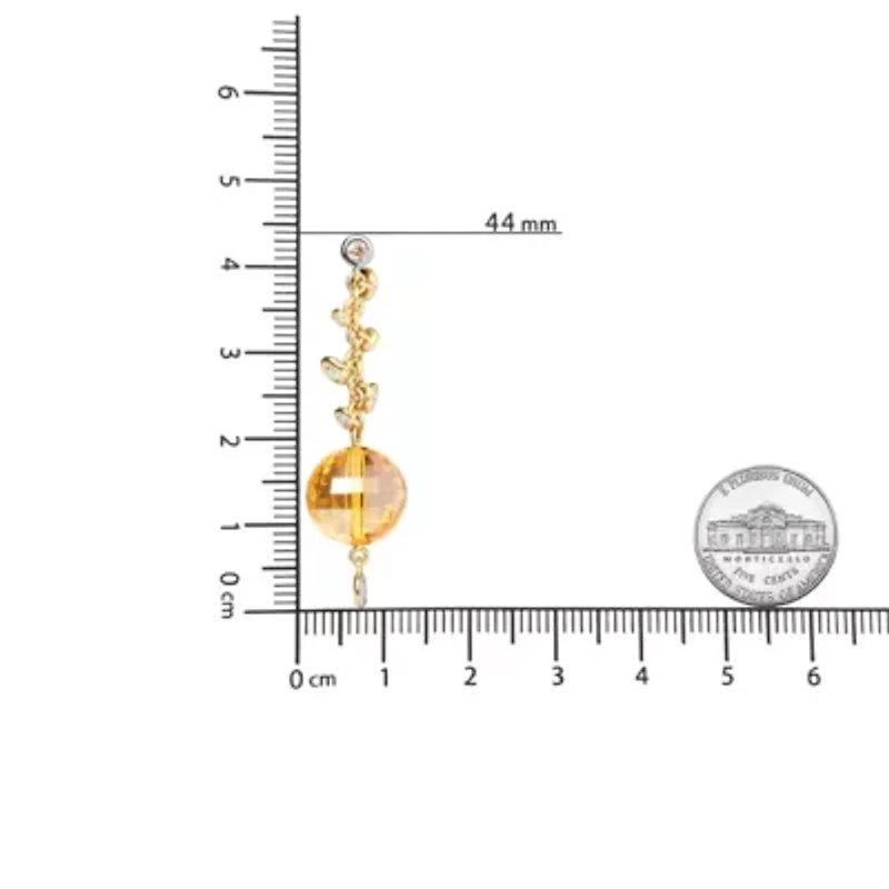 18K Gold 2/3 Cttw Diamond & Ball Shaped Citrine Gemstone Dangle Stud Earring