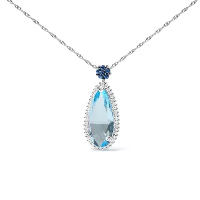 Gold 3/8 Ctw Diamond Topaz and Sapphire Floral Pendant Necklace