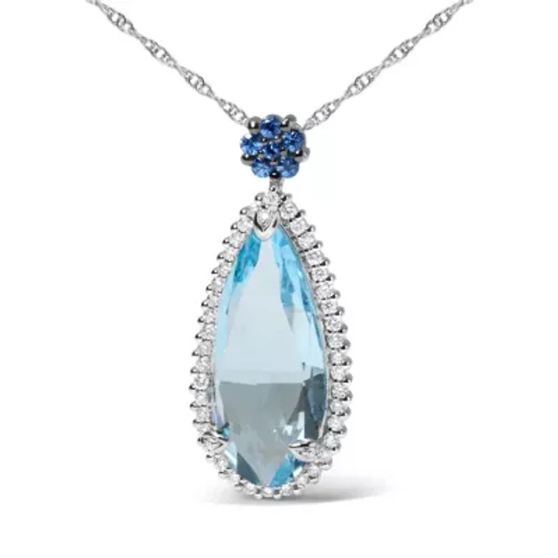 Gold 3/8 Ctw Diamond Topaz and Sapphire Floral Pendant Necklace