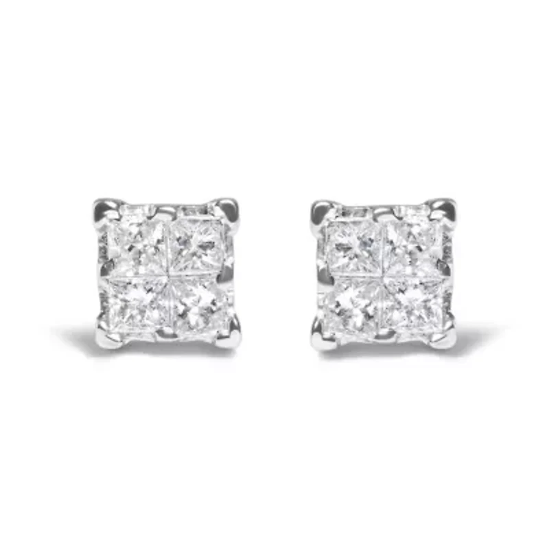 Silver 1/4 Ct Invisible Princess Diamond Composite Quad Stud Earrings