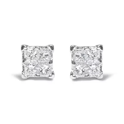 Silver 1/4 Ct Invisible Princess Diamond Composite Quad Stud Earrings