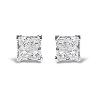 Silver 1/4 Ct Invisible Princess Diamond Composite Quad Stud Earrings