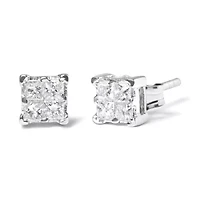 Silver 1/4 Ct Invisible Princess Diamond Composite Quad Stud Earrings