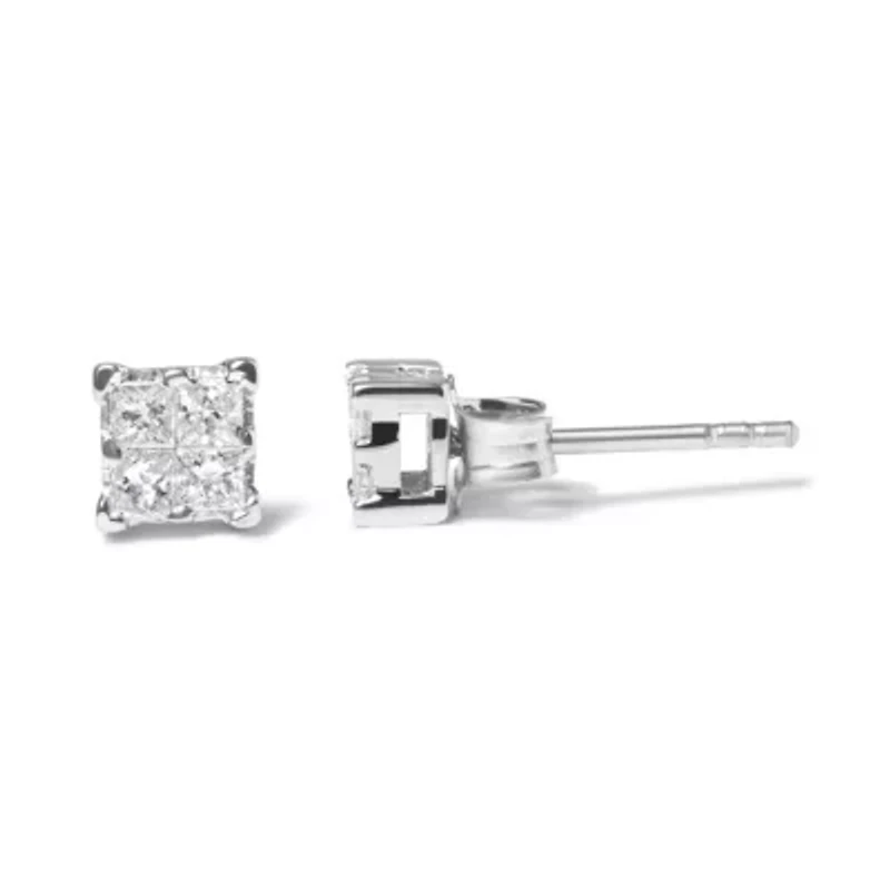Silver 1/4 Ct Invisible Princess Diamond Composite Quad Stud Earrings