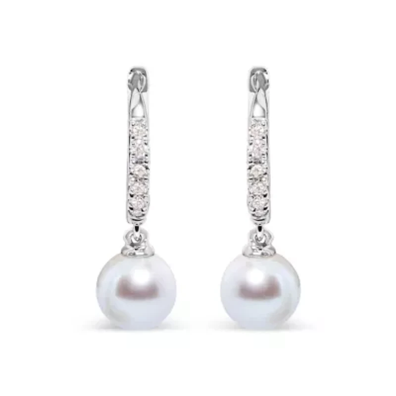 10K White Gold Cultured Freshwater Pearl and Diamond Accent Drop Earring