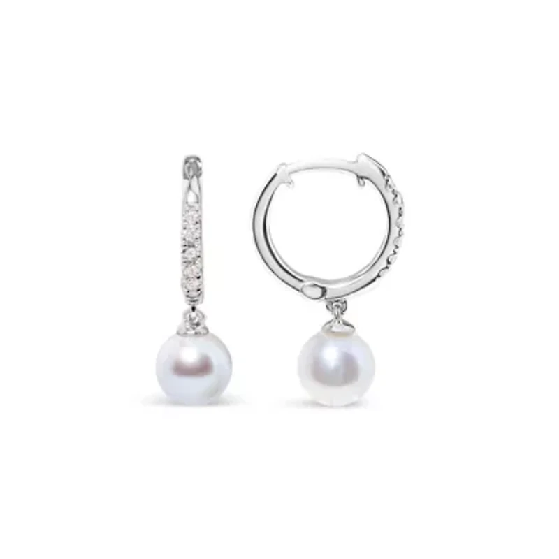 10K White Gold Cultured Freshwater Pearl and Diamond Accent Drop Earring
