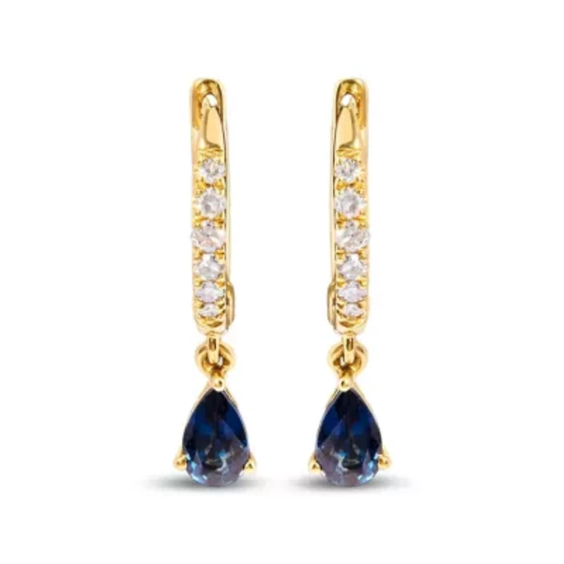 10K Yellow Gold Pear Blue Sapphire and Diamond Drop and Dangle Hoop Earrings