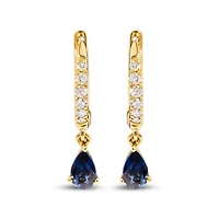 10K Yellow Gold Pear Blue Sapphire and Diamond Drop and Dangle Hoop Earrings
