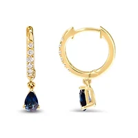 10K Yellow Gold Pear Blue Sapphire and Diamond Drop and Dangle Hoop Earrings