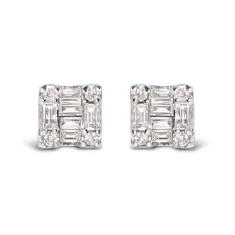 10K White Gold 1/7 Ct Round and Baguette Diamond Mosaic Square Stud Earrings