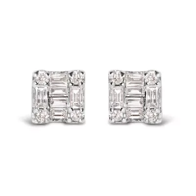 10K White Gold 1/7 Ct Round and Baguette Diamond Mosaic Square Stud Earrings