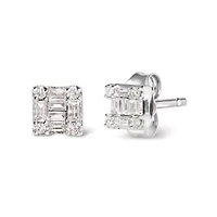 10K White Gold 1/7 Ct Round and Baguette Diamond Mosaic Square Stud Earrings